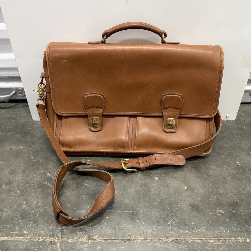 Vintage Coach Leather Laptop Briefcase Messanger Bag British Tan